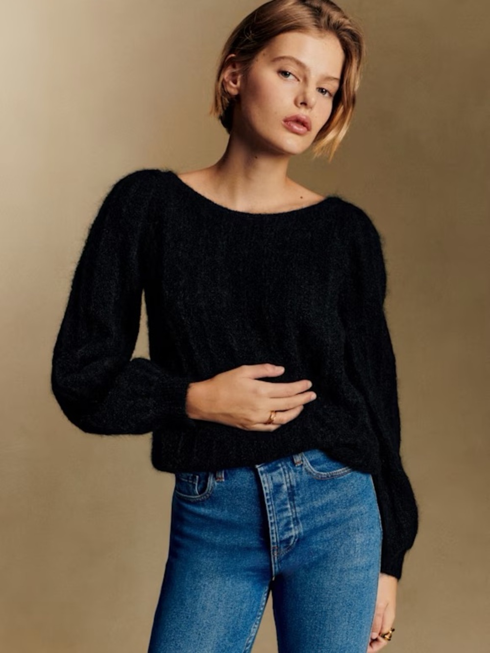 Sézane Aretha Black Kid Mohair Merino Wool Balloon Sleeve Jumper Sweater size XS